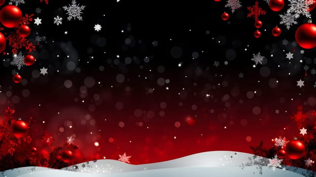dark red Christmas background with snow, bokeh and hanging red balls, neural network generated image. Not based on any actual scene or pattern.