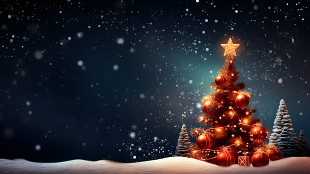 red decorated pine tree in blue winter forest during Christmas night snowfall, neural network generated image. Not based on any actual scene or pattern.