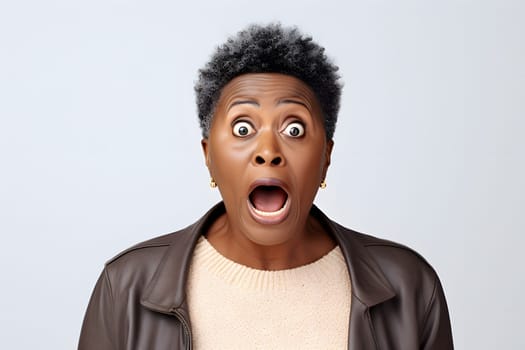 surprised adult African American woman, head and shoulders portrait on white background. Neural network generated image. Not based on any actual person or scene.