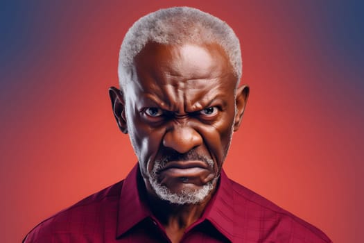 angry African American man in red shirt, head and shoulders portrait on red background. Neural network generated image. Not based on any actual person or scene.