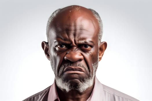 Angry mature African American man, head and shoulders portrait on white background. Neural network generated image. Not based on any actual person or scene.