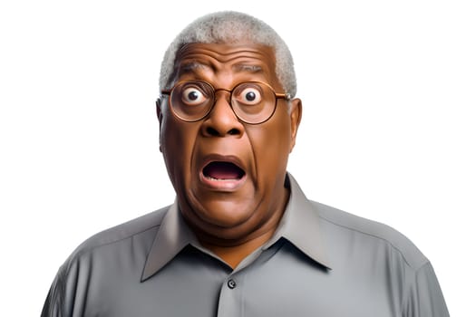 surprised adult African American man with glasses, head and shoulders portrait on white background. Neural network generated image. Not based on any actual person or scene.