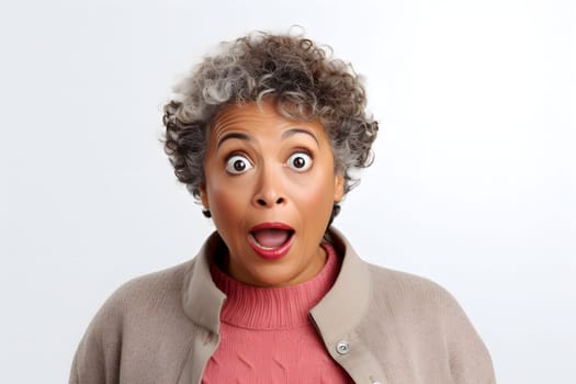 surprised adult African American woman, head and shoulders portrait on white background. Neural network generated image. Not based on any actual person or scene.