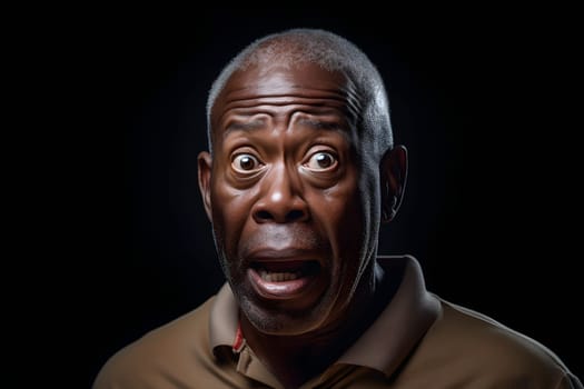 surprised adult African American man, head and shoulders portrait on black background. Neural network generated image. Not based on any actual person or scene.