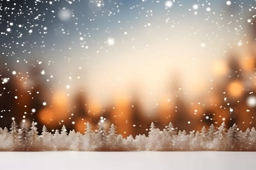 abstract bright snowy winter background with bokeh and white spruce forest tops, neural network generated image. Not based on any actual scene or pattern.