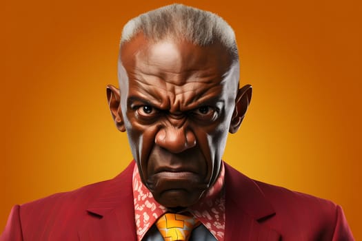 angry African American man in red formal suit, head and shoulders portrait on orange background. Neural network generated image. Not based on any actual person or scene.