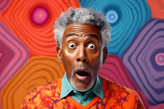 Surprised gray-haired African American man on colorful background. Neural network generated image. Not based on any actual person or scene.