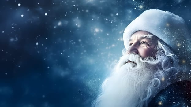 Santa Claus face closeup with defocused glitter bokeh copy space background, neural network generated image. Not based on any actual person, scene or pattern.