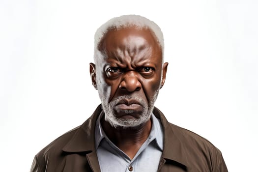 Angry mature African American man, head and shoulders portrait on white background. Neural network generated image. Not based on any actual person or scene.