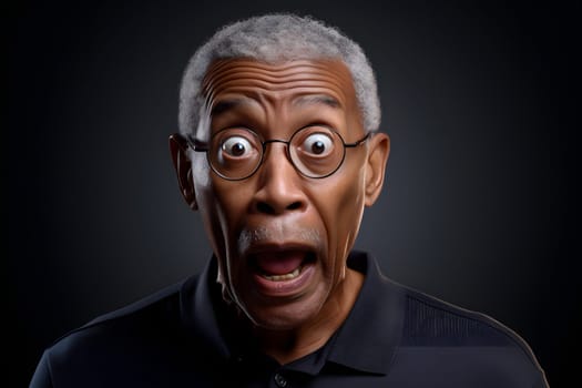 Surprised African American man with glasses on black background. Neural network generated image. Not based on any actual person or scene.