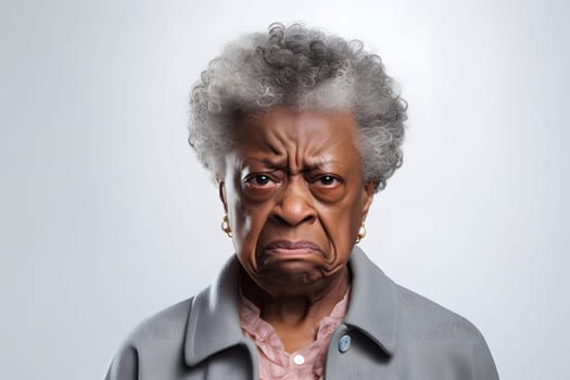 Angry and disgusted senior African American woman, head and shoulders portrait on white background. Neural network generated image. Not based on any actual person or scene.