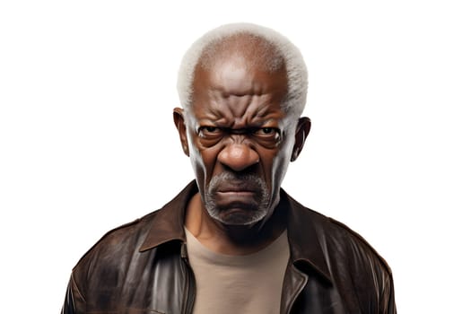 Angry mature African American man, head and shoulders portrait on white background. Neural network generated image. Not based on any actual person or scene.