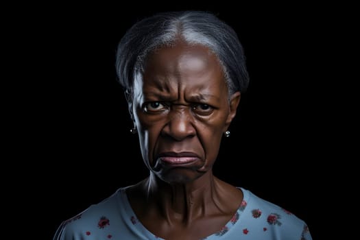 Angry senior African American woman, head and shoulders portrait on black background. Neural network generated image. Not based on any actual person or scene.