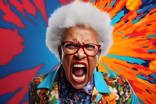 Angry senior African American woman yelling, head and shoulders portrait on funky colorful background. Neural network generated image. Not based on any actual person or scene.