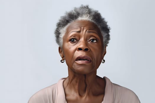 African American person with interested emotion, head and shoulders portrait on light gray background. Neural network generated image. Not based on any actual person or scene.
