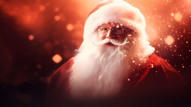 Santa Claus face closeup with defocused glitter bokeh background, neural network generated image. Not based on any actual person, scene or pattern.