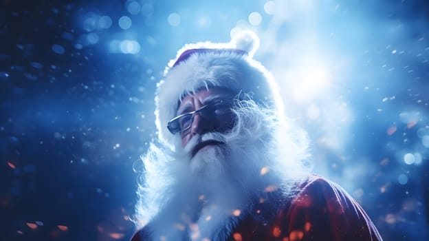 Santa Claus face closeup with defocused glitter bokeh background, neural network generated image. Not based on any actual person, scene or pattern.
