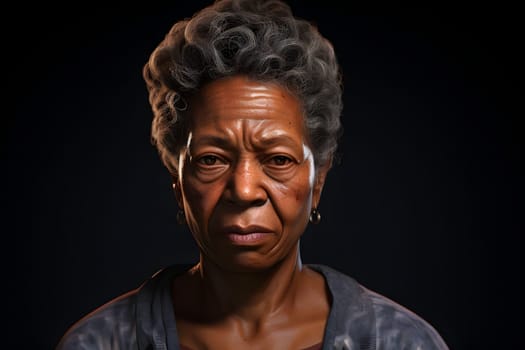 crying senior African American woman, head and shoulders portrait on black background. Neural network generated image. Not based on any actual person or scene.