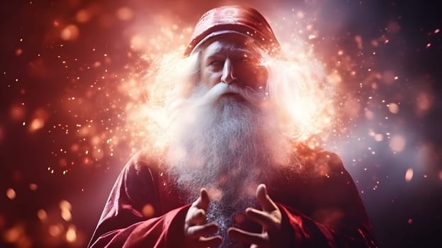Santa Claus casting a miracle, closeup with defocused glitter bokeh background, neural network generated image. Not based on any actual person, scene or pattern.