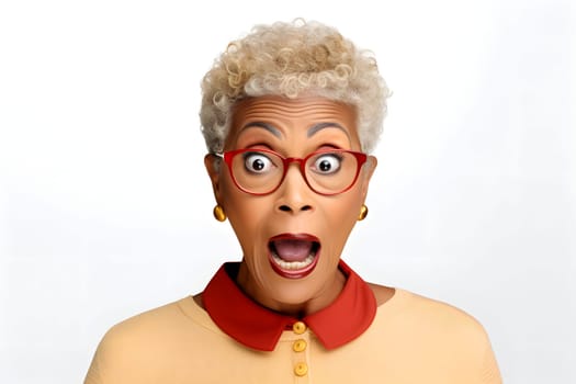 surprised adult African American woman, head and shoulders portrait on white background. Neural network generated image. Not based on any actual person or scene.