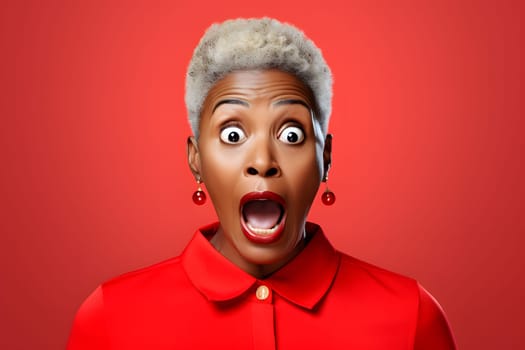 surprised adult African American woman, head and shoulders portrait on red background. Neural network generated image. Not based on any actual person or scene.
