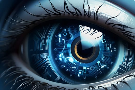 Closeup view of normal human eye with cybernetic pupil. Neural network generated photorealistic image. Not based on any actual person or scene.