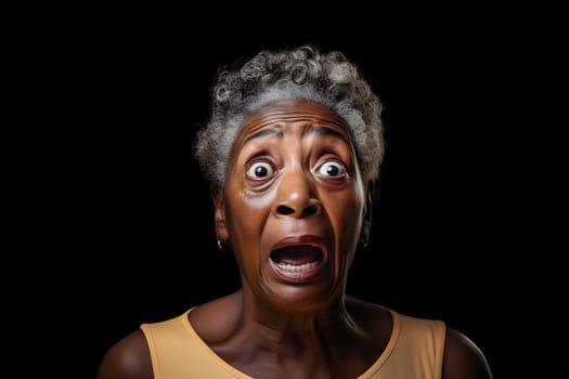 surprised adult African American woman, head and shoulders portrait on black background. Neural network generated image. Not based on any actual person or scene.