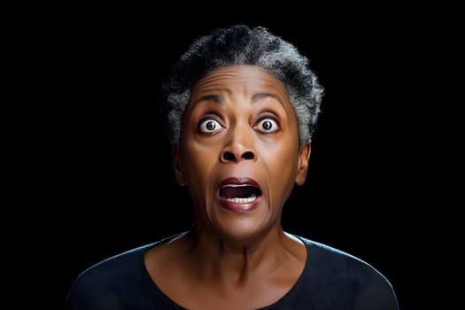 surprised adult African American woman, head and shoulders portrait on black background. Neural network generated image. Not based on any actual person or scene.