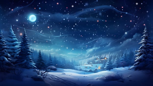 snow covered spruce forest and small village at snowy winter night in blue tones, neural network generated image. Not based on any actual scene or pattern.