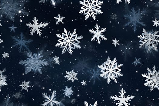 seamless pattern of snowflakes on dark blue background, neural network generated. Not based on any actual scene or pattern.