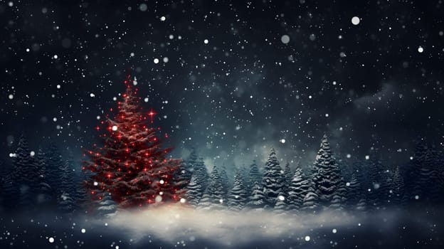 red pine tree in blue winter forest during Christmas night snowfall, neural network generated image. Not based on any actual scene or pattern.