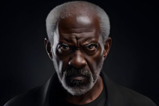 Angry mature African American man, head and shoulders portrait on black background. Neural network generated image. Not based on any actual person or scene.