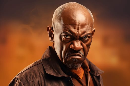 Angry mature African American man, head and shoulders portrait on yellow background. Neural network generated image. Not based on any actual person or scene.