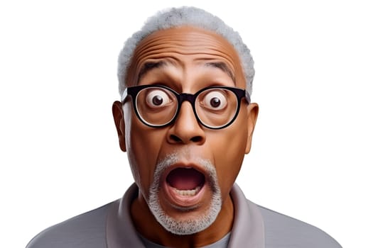 Surprised African American man with glasses on white background. Neural network generated image. Not based on any actual person or scene.
