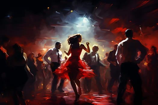 Crowd of dancing people in the night club on the dance floor surrounded with lights and smoke. Neural network generated painting style image. Not based on any actual person or scene.