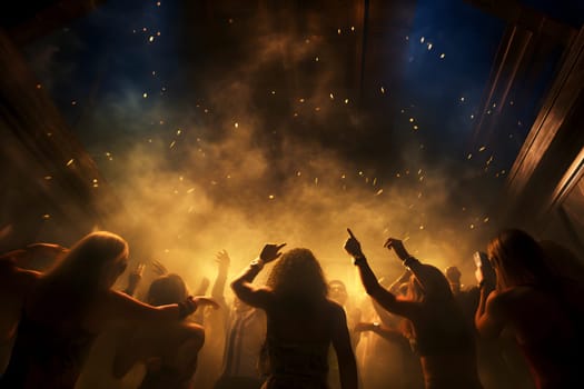 Crowd of dancing people in the night club on the dance floor surrounded with lights and smoke. Neural network generated photorealistic image. Not based on any actual person or scene.