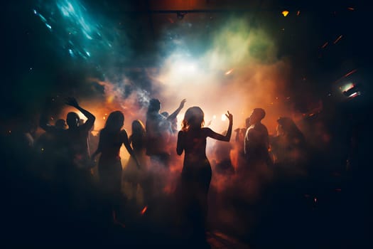 Crowd of dancing people in the night club on the dance floor surrounded with lights and smoke. Neural network generated photorealistic image. Not based on any actual person or scene.