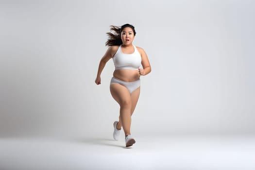 Overweight young adult Asian woman running on white background, concept of overweight and weight loss. Neural network generated image. Not based on any actual person or scene.