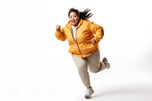 Overweight young adult Asian woman running on white background, concept of overweight and weight loss. Neural network generated image. Not based on any actual person or scene.
