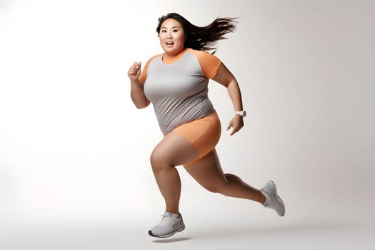 Overweight young adult Asian woman running on white background, concept of overweight and weight loss. Neural network generated image. Not based on any actual person or scene.
