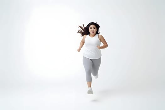 Overweight young adult Asian woman running on white background, concept of overweight and weight loss. Neural network generated image. Not based on any actual person or scene.