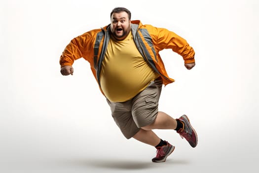 Overweight young adult Caucasian man running on white background, concept of overweight and weight loss. Neural network generated image. Not based on any actual person or scene.