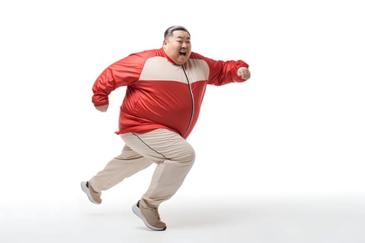 Overweight senior Asian man running on white background, concept of overweight and weight loss. Neural network generated image. Not based on any actual person or scene.