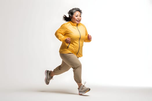 Overweight senior Asian woman running on white background, concept of overweight and weight loss. Neural network generated image. Not based on any actual person or scene.