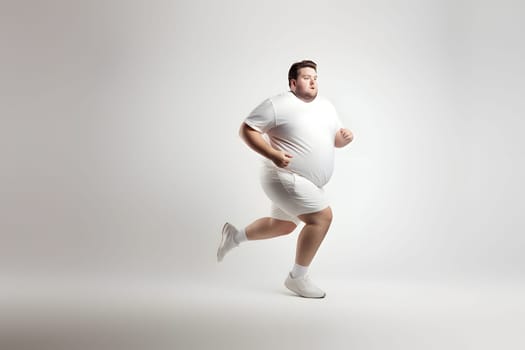 Overweight young adult Caucasian man running on white background, concept of overweight and weight loss. Neural network generated image. Not based on any actual person or scene.