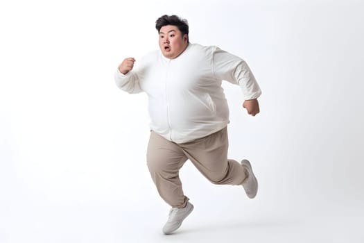 Overweight young adult Asian man running on white background, concept of overweight and weight loss. Neural network generated image. Not based on any actual person or scene.