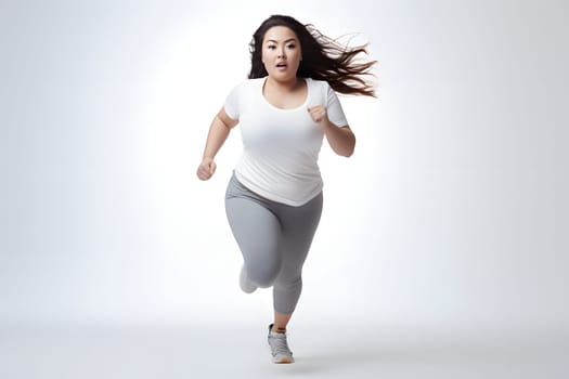 Overweight young adult Asian woman running on white background, concept of overweight and weight loss. Neural network generated image. Not based on any actual person or scene.