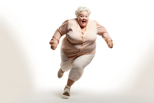 Overweight senior Caucasian woman running on white background, concept of overweight and weight loss. Neural network generated image. Not based on any actual person or scene.