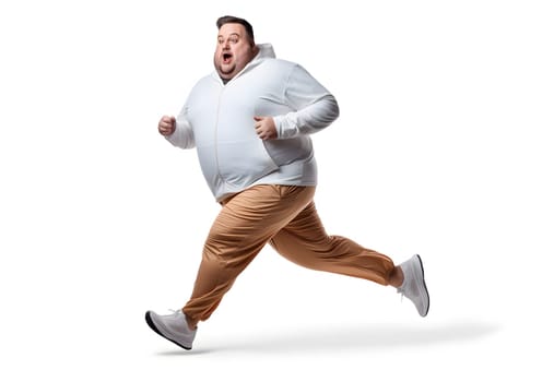 Overweight young adult Caucasian man running on white background, concept of overweight and weight loss. Neural network generated image. Not based on any actual person or scene.