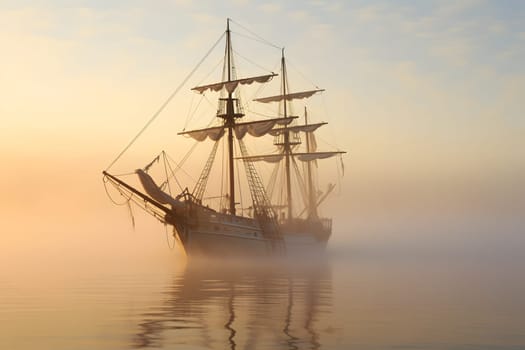 spectral ghost ship at foggy morning or evening. Neural network generated image. Not based on any actual person or scene.